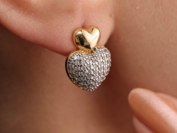 Gold Çift Kalp Figürlü Zirkon Taşlı Çelik Küpe