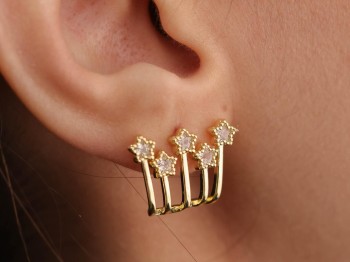 Gold Zirkon Taşlı Dörtlü Minimal Yıldız Tasarımlı Çelik Küpe