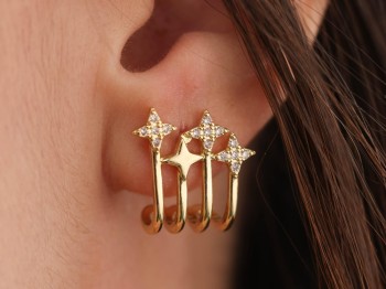 Gold Zirkon Taşlı Dörtlü Kuzey Yıldızı Tasarımlı Çelik Küpe