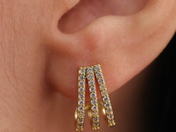 Gold Üç Sıralı Tam Tur Zirkon Taşlı Çelik İllüzyon Küpe